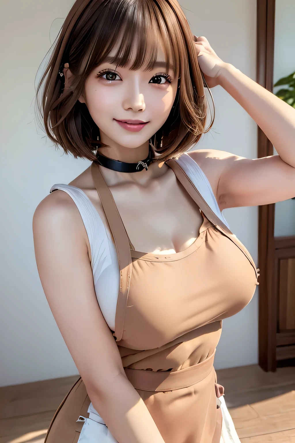 ((Highest quality, 8k, masterpiece: 1.3)), Beautiful Japanese Girl, Slim body: 1.3, (Medium Short Hair, bangs, Light brown hair), (Naked Apron: 1.3), Highly detailed face, Detailed eyes, double eyelid, Three-star restaurant, Very happy smile, Black choker, Very long and bushy eyelashes, Big Breasts、Cute pink and white apron、Customer Service