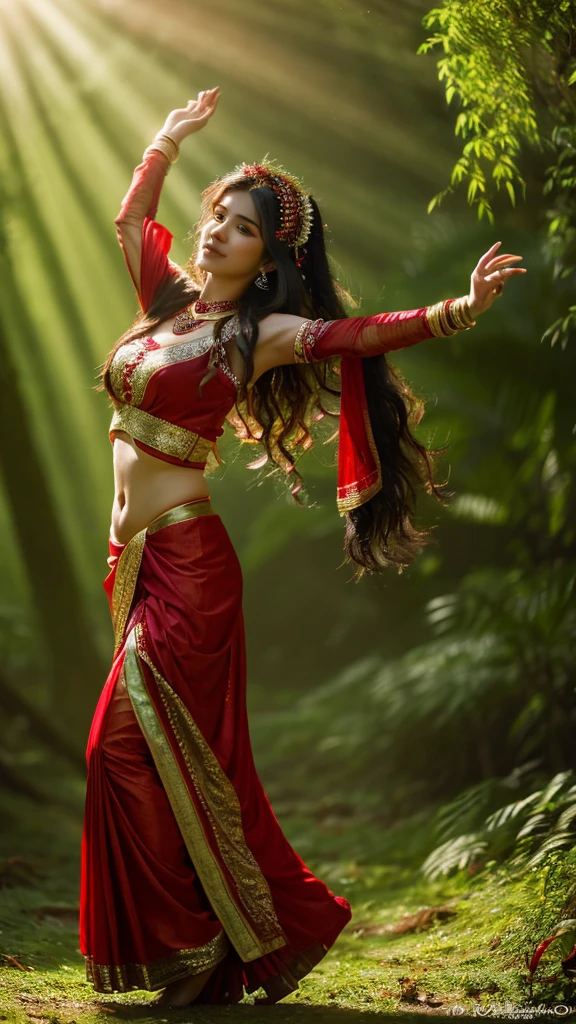 a milky beautiful pretty Indian young courtesan dancing in a mystical forest.with long, flowing dark hair, is dressed in a red outfit. She has an alluring gaze and is posed elegantly.she is blushing. The background features lush, green foliage and a soft, mystical light filtering through the trees, creating an enchanting and intense atmosphere. their beauty is illuminated under the sunlight 