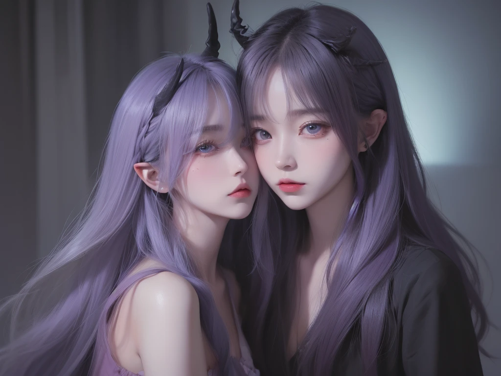 rndNmya, horns, pointy ears, lavender hair, braid, long hair, blue eyes, hair over one eye