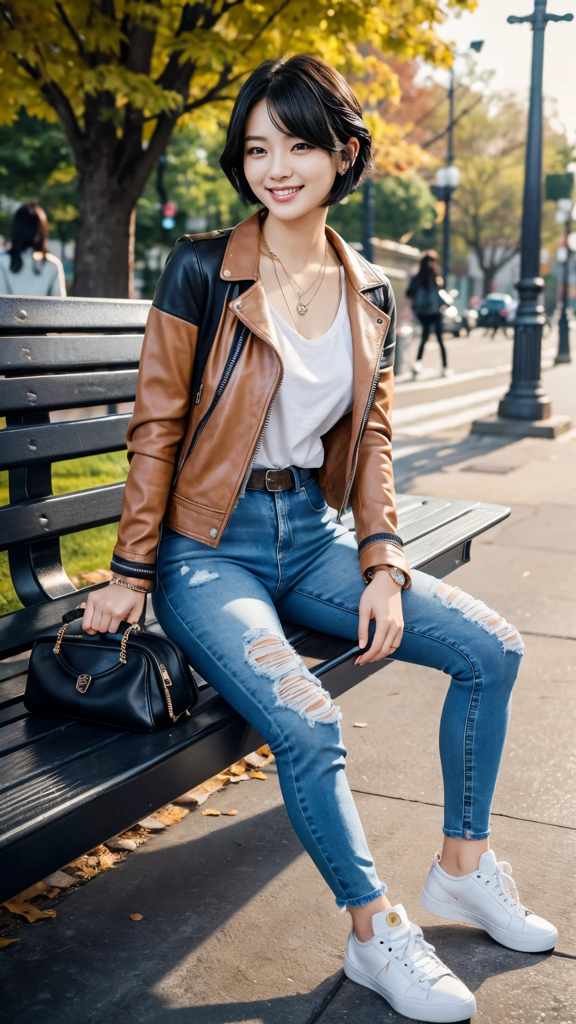 Super Resolution、Beautiful Korean Women、Full body photo、sitting on a park bench、Short Haircut、Black Hair、Wavy Hair、Ear piercing、necklace、leather jacket、shirt、Skinny jeans、sneakers、smile、Beautiful teeth alignment