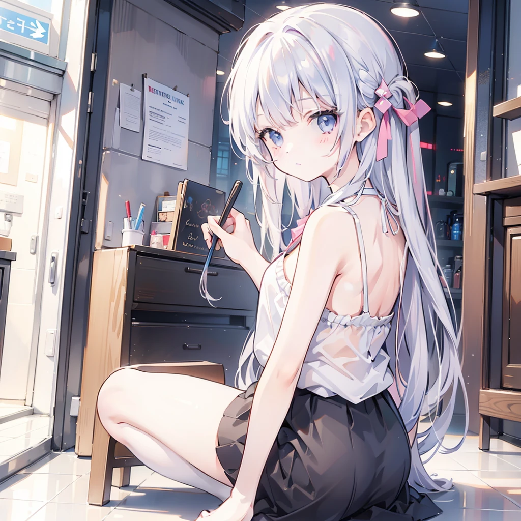((masterpiece, best quality)), (1 Girl), (Solitary), (Women's Focus), (Ahog, White hair, Very long hair), Golden Eyes, A faint smile, open mouth, ((White shirt), (Button-down shirts), (Button Gap)), ((Black skirt), (Short skirt)), permanent, White background, Put your hands behind your back, Dynamic Angle,