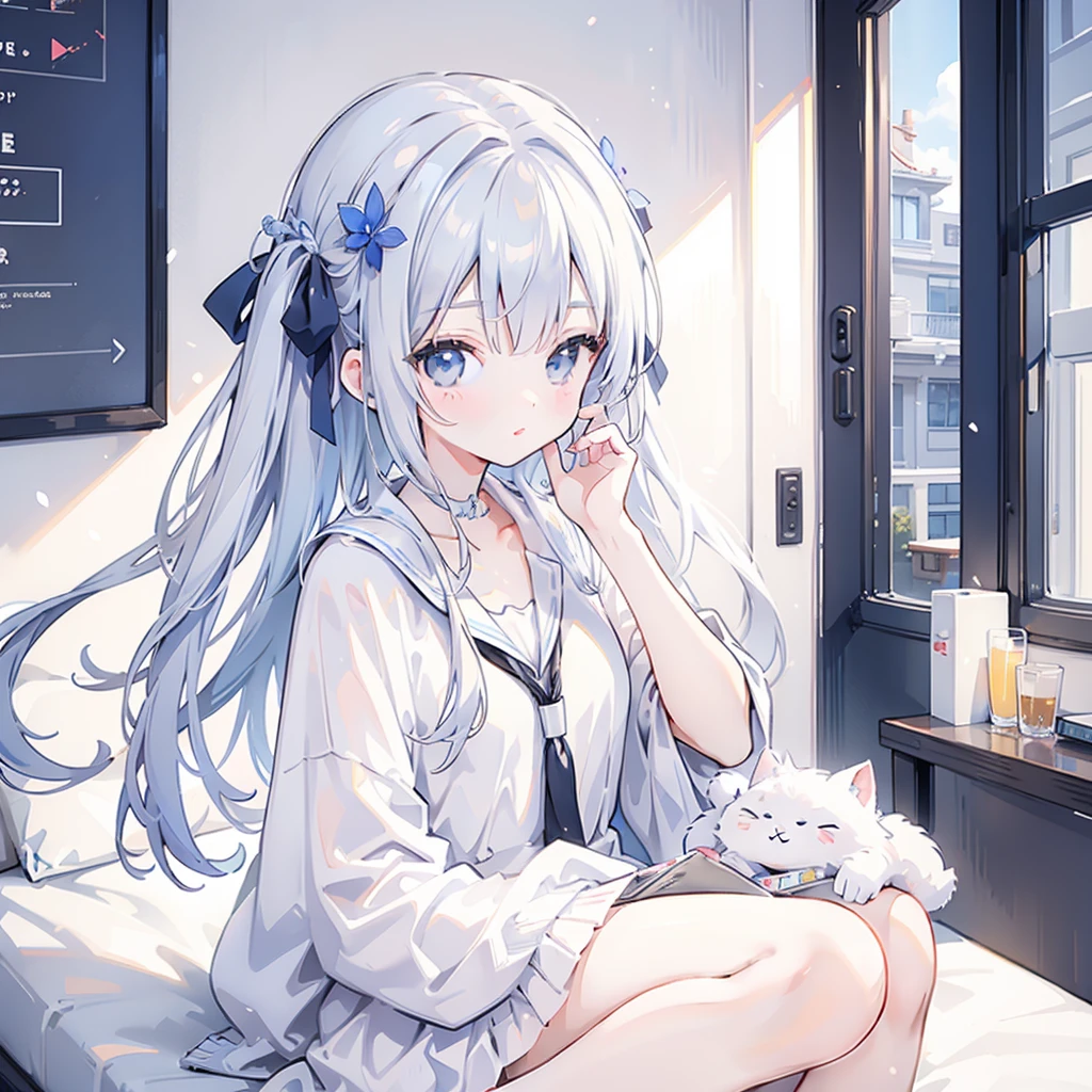 ((masterpiece, best quality)), (1 Girl), (Solitary), (Women&#39;s Focus), (Ahog, White hair, Very long hair), Golden Eyes, A faint smile, open mouth, ((White shirt), (Button-down shirts), (Button Gap)), ((Black skirt), (Short skirt)), permanent, White background, Put your hands behind your back, Dynamic Angle,