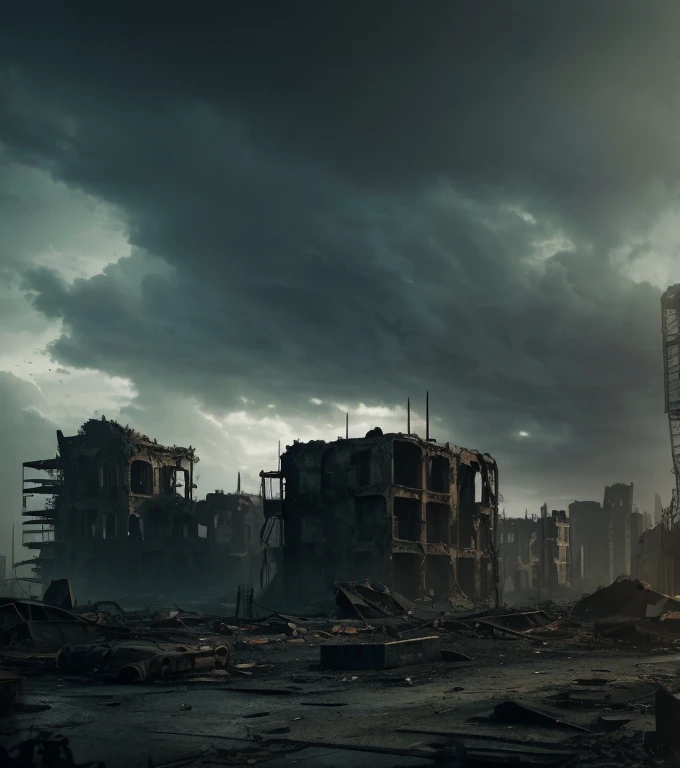 a ruined city in a post-apocalyptic landscape, post-apocalyptic, fallout 4, futuristic architecture, crumbling buildings, overgrown with nature, derelict, abandoned, dystopian, cinematic lighting, dramatic lighting, moody atmosphere, cloudy sky, shades of gray and blue, gritty, detailed, intricate, masterpiece, 8k, photorealistic