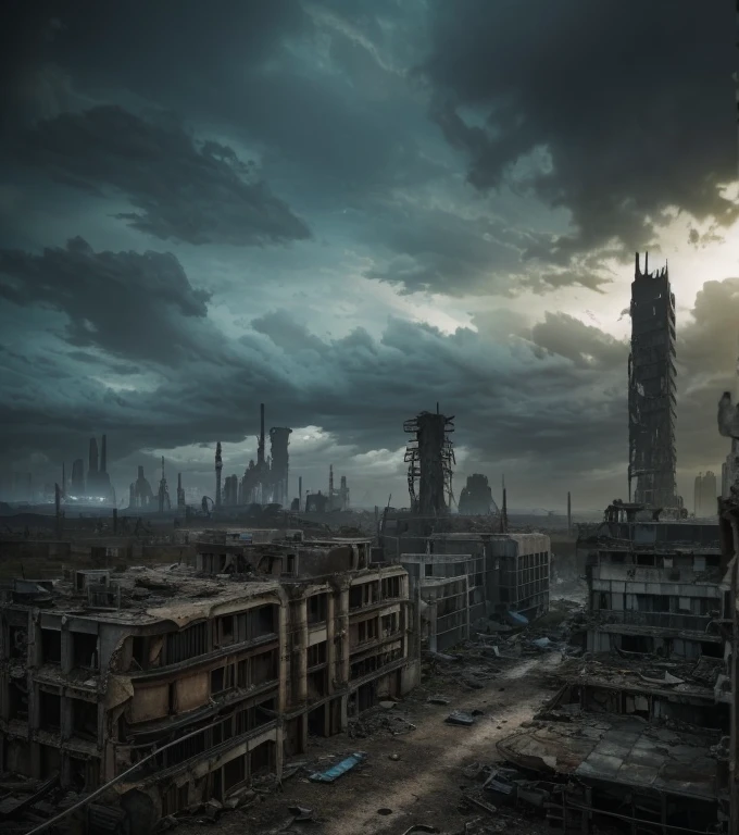 a ruined city in a post-apocalyptic landscape, post-apocalyptic, fallout 4, futuristic architecture, crumbling buildings, overgrown with nature, derelict, abandoned, dystopian, cinematic lighting, dramatic lighting, moody atmosphere, cloudy sky, shades of gray and blue, gritty, detailed, intricate, masterpiece, 8k, photorealistic