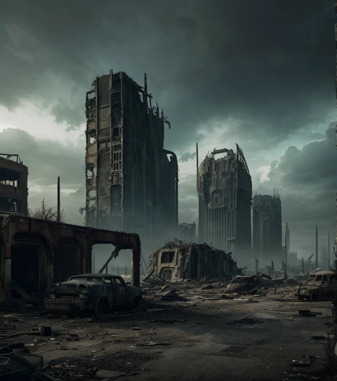 a ruined city in a post-apocalyptic landscape, post-apocalyptic, fallout 4, futuristic architecture, crumbling buildings, overgrown with nature, derelict, abandoned, dystopian, cinematic lighting, dramatic lighting, moody atmosphere, cloudy sky, shades of gray and blue, gritty, detailed, intricate, masterpiece, 8k, photorealistic
