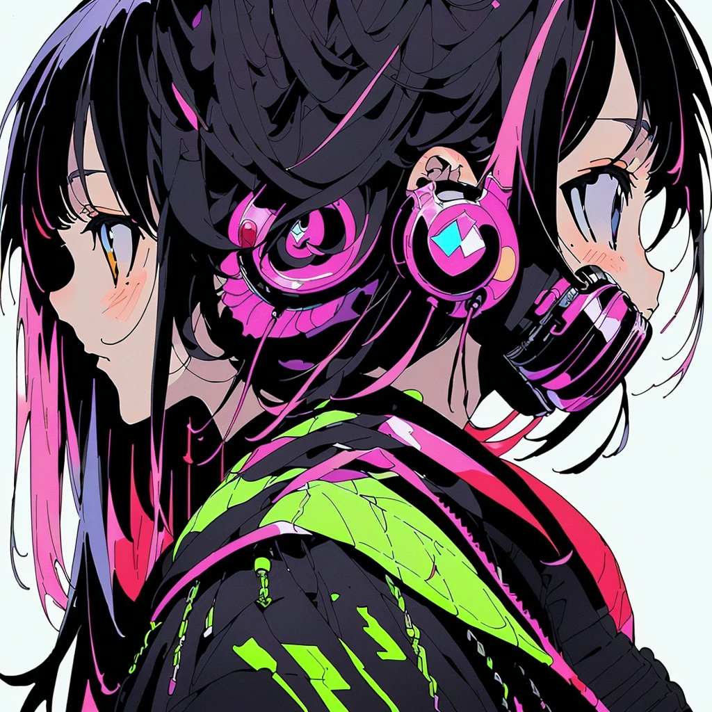 One girl,(((Highest quality、masterpiece、Official Art、Very detailed、Anime Style、Best dynamic composition、profile、Perfect Anatomy)))、 Headphones, hoodie, Vibrant colors, neon, White Background、gas mask、