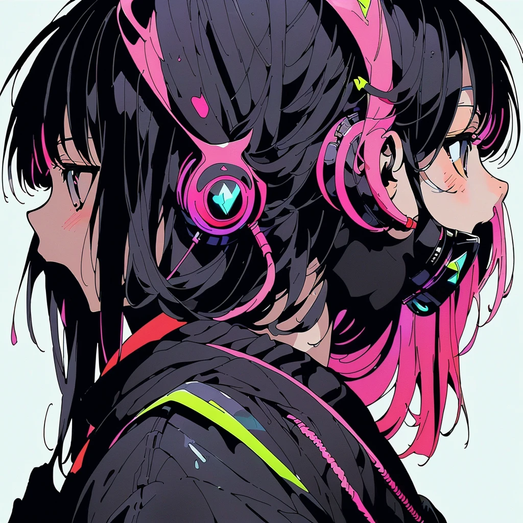 One girl,(((Highest quality、masterpiece、Official Art、Very detailed、Anime Style、Best dynamic composition、profile、Perfect Anatomy)))、 Headphones, hoodie, Vibrant colors, neon, White Background、gas mask、