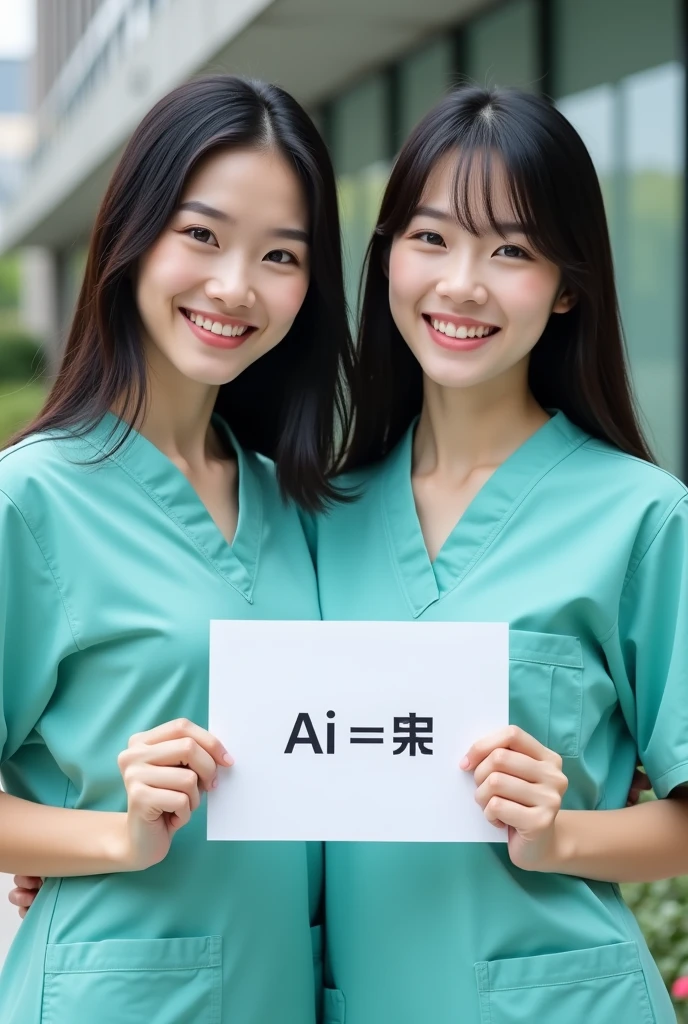 photograph, two smiling beautiful Japanese female nurses wearing aqua scrubs holding sign 'Ai = 愛', beautiful detailed face, black hair, pale skin, fair skin, realistic skin, detailed cloth texture, detailed hair texture, Perfect proportion, Beautiful Face, accurate, Anatomically correct, Highly detailed face and skin texture , looking at viewer , modern hospital building, perfect anatomy