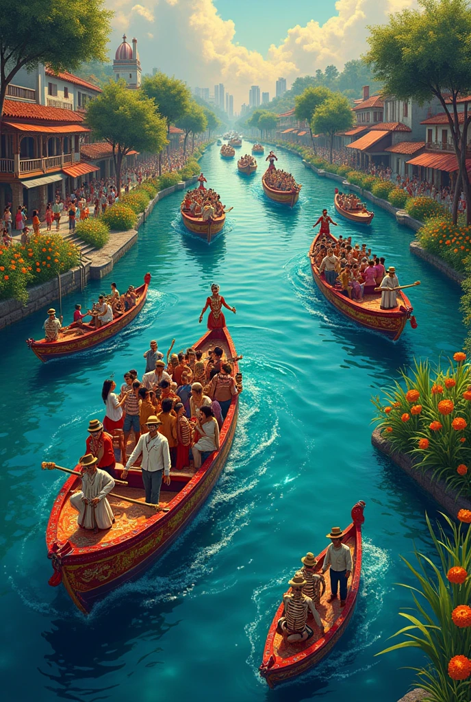 a group of boats trajineras in xochimilco on the water with people on the boats and skeletons on the, mexico, canals, mexican folk art, canal, mexican folklore, mexico city, trajineras, tenochtitlan, downtown mexico, with water and boats, 3 boat in river, waterways, waterway, boats in the water, an aztec city in a island lake, small canoes, full of colors and rich detail, boats, mexican, twisted waterway