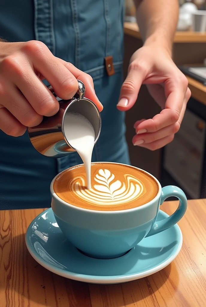 A stunning artwork showcasing the delicate process of latte art creation, the barista's hands expertly pouring steamed milk into a cup of espresso, forming intricate patterns and designs, the scene bathed in soft cafe lighting, the anticipation of a perfectly crafted latte, Colored pencil drawing with fine details, followed by a watercolor wash for a vibrant finish