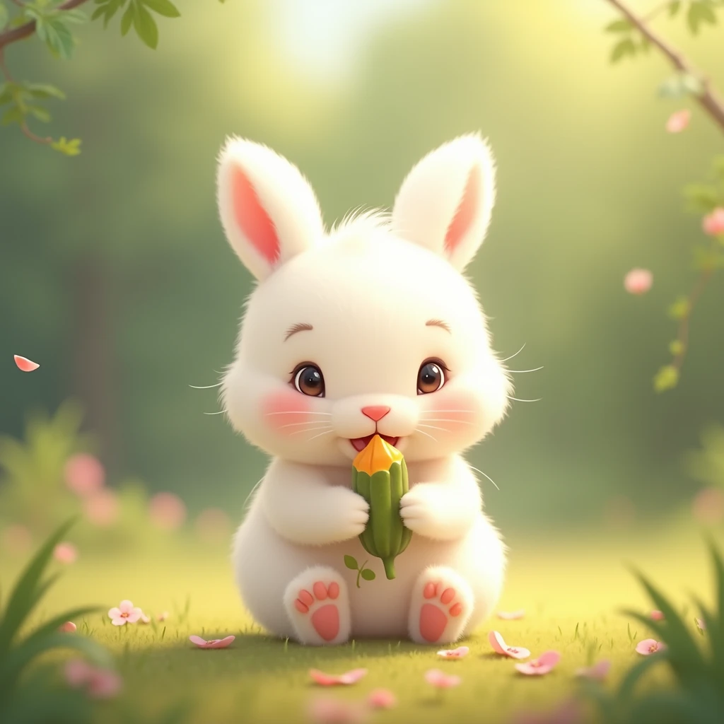 A cute white rabbit eating