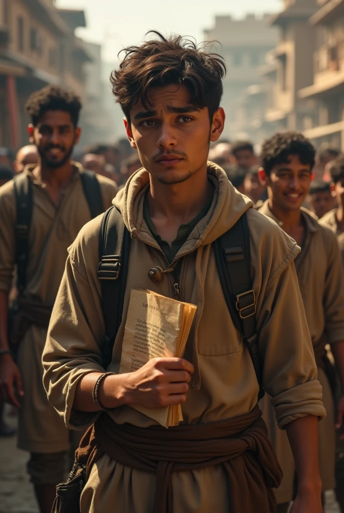 Aryan Walking Through the VillagePrompt: "Aryan walks through the village holding the paper tightly in his hand. He passes by villagers who mock him or ignore him, laughing and pointing. Aryan’s expression shows a mix of sadness and determination as he continues to walk, following the wise man’s instructions."