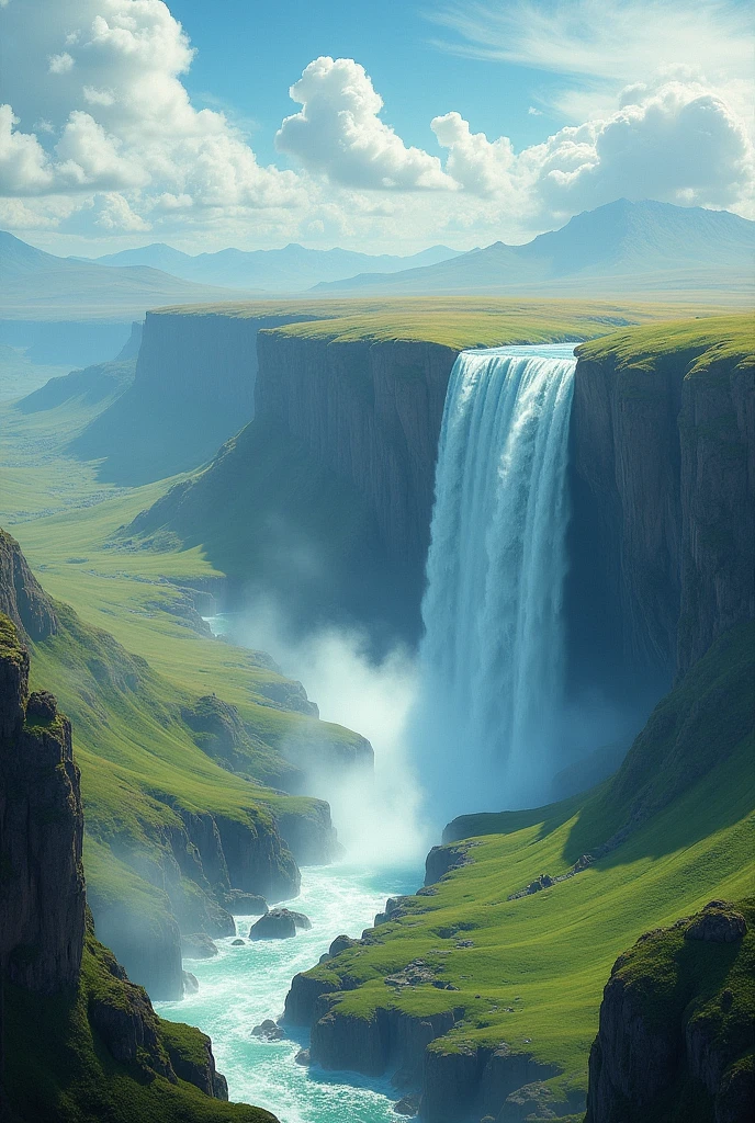 Fantasy plains and a large waterfall seen from the sky