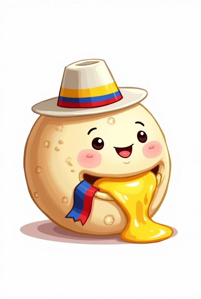 Cartoon character of a round white paisa arepa filled with cheese and butter, cheerful with a Colombian flag ribbon and a white Aguadeño hat ... all on white background 