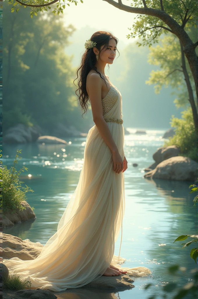 1. A serene illustration of Ganga, a beautiful maiden, standing on the riverbank, with a gentle smile and an enchanting aura.In dall e-3 style