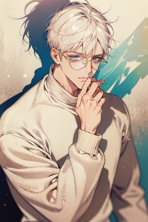 ((Masterpiece, Highest Quality)), Detailed Face, male, white sweater, turquoise eyes, (((Top Quality))), Short hair, Shaved whiskey,Spits, white colored hair, Stylish glasses