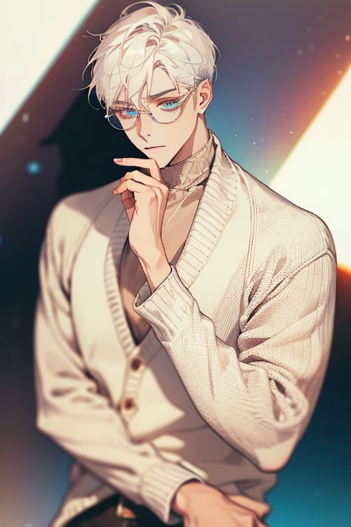 ((Masterpiece, Highest Quality)), Detailed Face, male, white sweater, turquoise eyes, (((Top Quality))), Short hair, Shaved whiskey,Spits, white colored hair, Stylish glasses