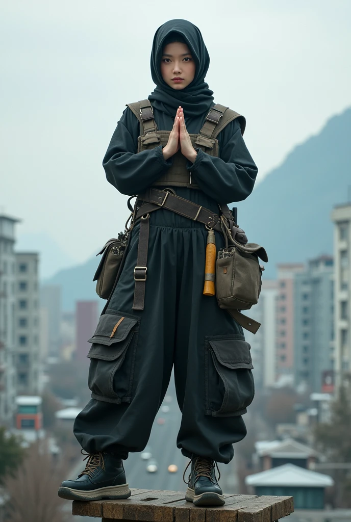 hyper realistic, full body, low angel, Fisheye, wide view, Korean women portrait, 23 years, wearing the hijab, White eyes, wearing a Shinobi vest, baggy pants full of tool pockets, hands forming a jutsu seal, standing on a pole, urban peak background, cinematic, ultra HD, 8k, realistic detailed and intricate