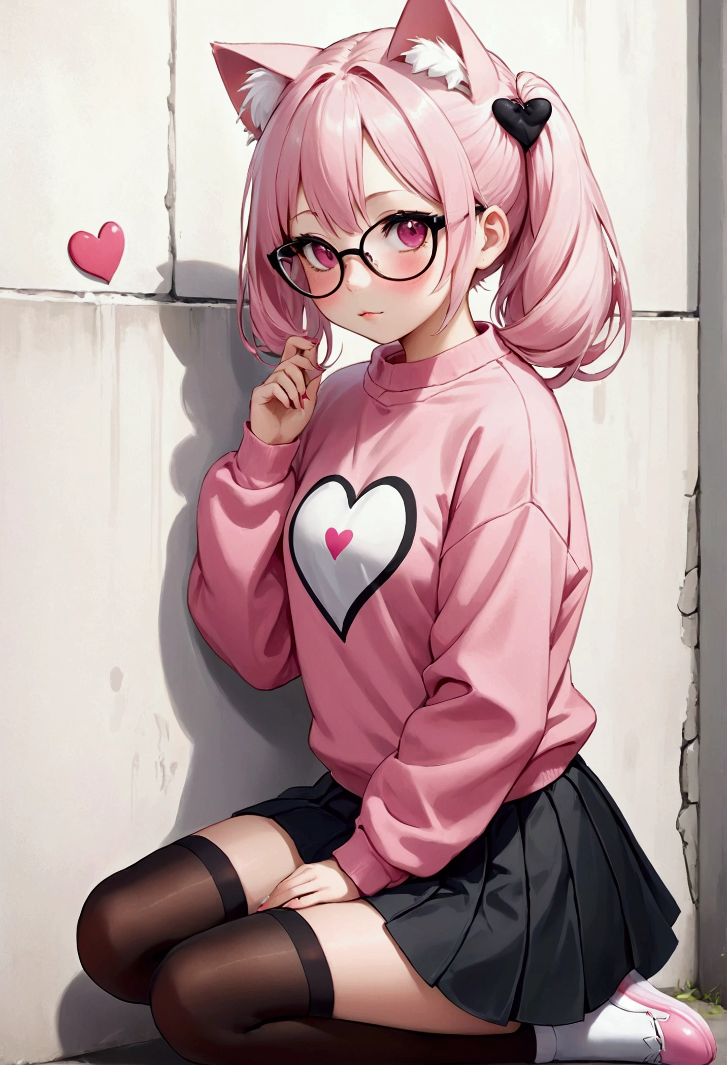I have white pink hair, cat ears, a bun, my face is super blushing, black glasses, pink heart eyes, a big pink sweatshirt, a black skirt, black stockings, white shoes, a cat's tail, a girl. very shy that she is glued to a wall with her butt