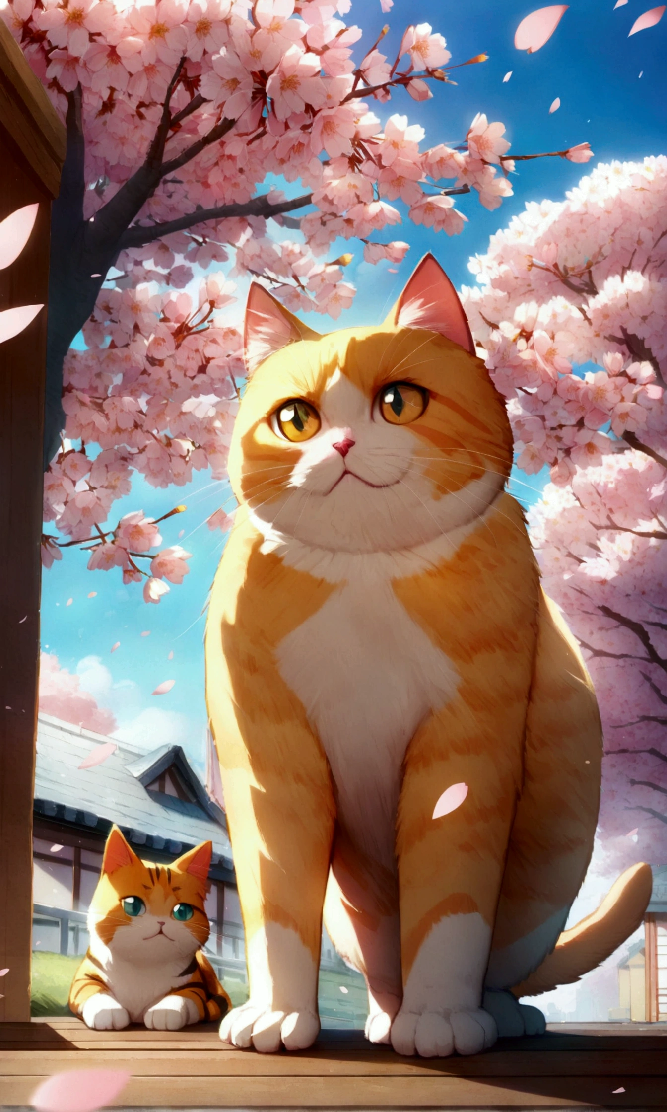 orange tabby cat,cute,(cherry_blossoms:1.5),blue sky