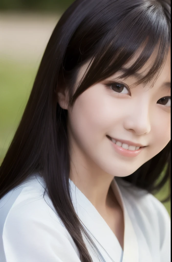 best quality, face focus, soft light, ultra high res, (photorealistic:1.4), RAW photo,(Shinozaki Ai), white skin, kawaii, 1 Japanese girl, solo, cute, (smile), (pupil, lights in the eyes),  detailed beautiful face, Medium-sized breasts,(high resolution detail of human skin texture),(long hair),(portrait), upper body, white traditional kimono,