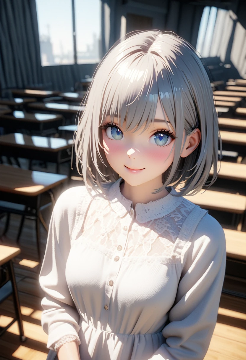 masterpiece,Game Art,Best picture quality,Maximum resolution,8k,(Upper Body),Unreal Engine 5 rendering works,(Digital Photography),(The girl looks at you lovingly,The smile is beautiful),Short hair details,(The eyes are very delicate),(With long gray hair:1.4),(Perfect body),(Bright dress,Black high heels,White cotton socks),(background:classroom),light,night,Ray Tracing,RAW photos,((3D Unreal Engine)),OC rendering reflection mode