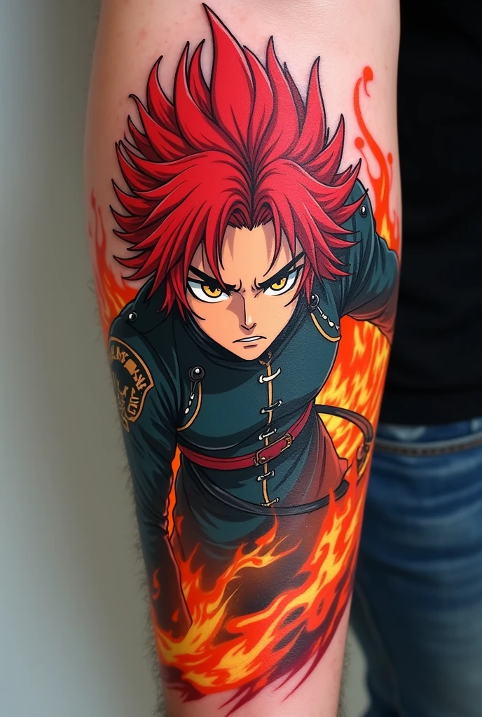 Create a tattoo of the character rengoku from the anime demon slayer that fits on your forearm