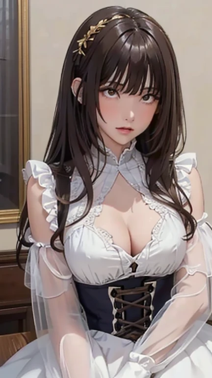 (1girl:1.3), cinematic light, solo, breasts, Renaissance Lace-Up Bodice Dress,  silky long hair, (brown) hair, (masterpiece, top quality, best quality, official art, beautiful and aesthetic:1.3), extreme detailed,highest detailed,(ultra-detailed),((an extremely delicate and beautiful)),starry sky,from below