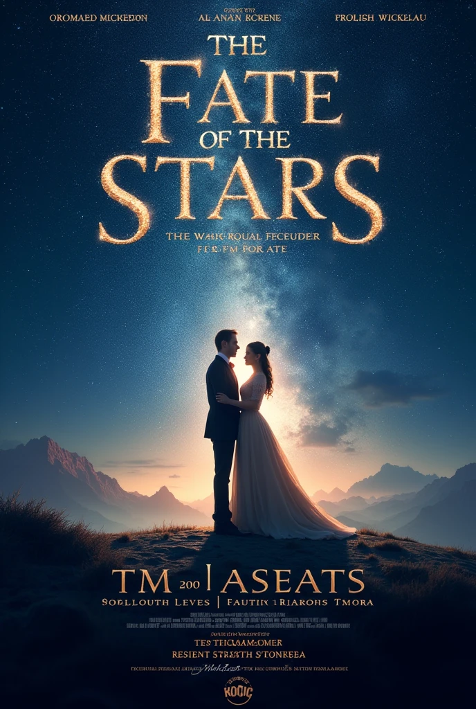 For the poster, imagine a deep starry background, with a big night sky. At the center, a dramatic couple in period costume, with a luminous aura around them. Use elegant fonts for the title “The Fate of the Stars” at the top, with shiny details imitating stars. down, include information about the premiere date and location, with a design that conveys the grandeur and mystery of the opera.