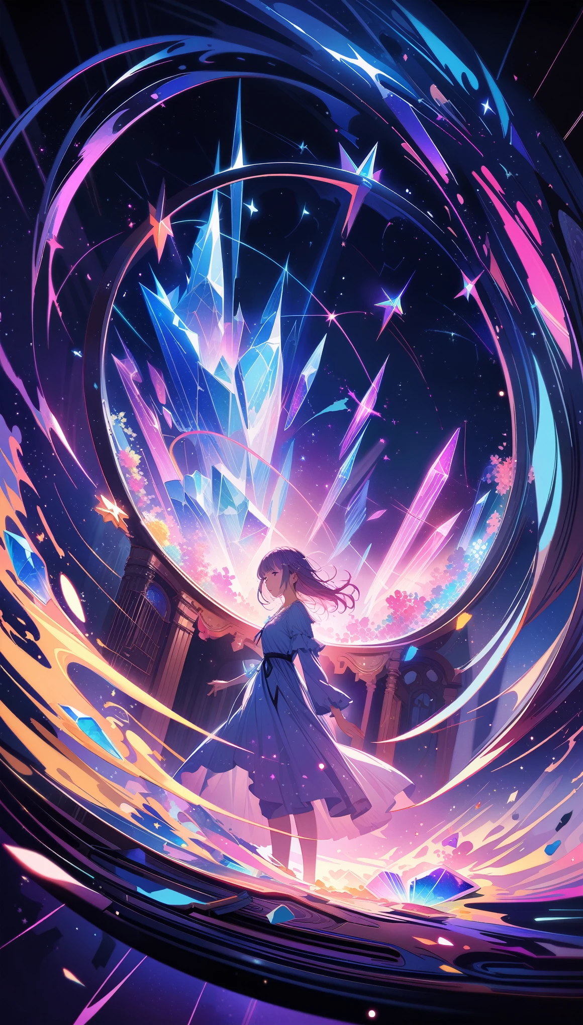 A girl is dancing acrobatically in the starry sky, surrounded by constellations, on black background, white stars and lines forming constellations around her silhouette, light art installation style, high resolution, dreamy effect, fantastic scenery, minimalist design. --ar 3:4 --niji 6, A vibrant, detailed digital painting of an enchanted room filled with magical blue and purple crystal objects, tarot cards, amulets, runes on the walls, shelves, tables, couches, windows, magical artifacts like glowing crystals, ornate wooden furniture. The color scheme is vivid and striking, creating a dreamy atmosphere. colorful illustrations, highly detailed, high resolution, natural lighting, sharp focus, highly detailed illustration, high definition, in the style of octane rendering, hyper realistic. --ar 3:4 --niji 6, 