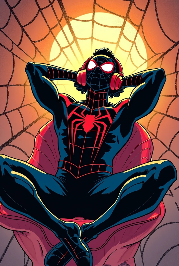 Miles Morales in his black Spiderman suit , comic type , without mask, with his arms behind his head , lying on a spider web and listening to music with big headphones