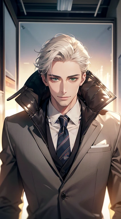 (Highest quality,4K,8K,High resolution,masterpiece:1.2),Super detailed,(Realistic,photoRealistic,photo-Realistic:1.37),1 person,34 years old,Mature Men,Beautiful skin、very handsome,Expressionless smile in love,Short white hair,green eyes,Sharp Eyes,A perfect face without a doubt,Businessman, CEO, Office Background,Cinema Lighting,HDR image,tie、