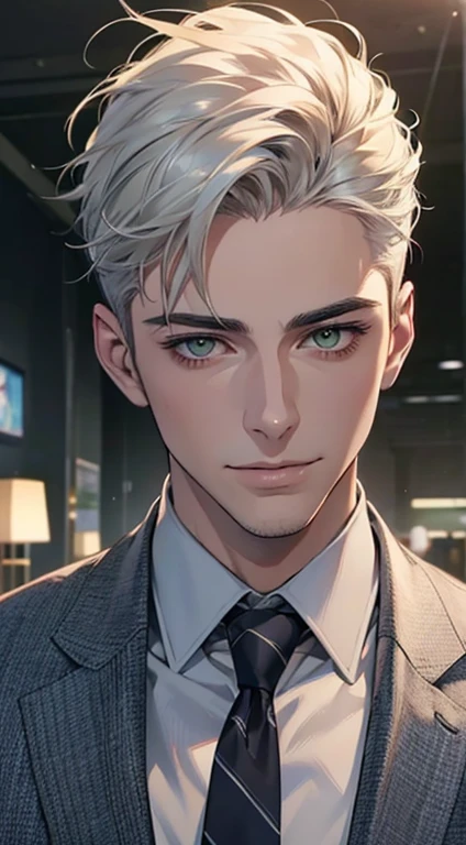 (Highest quality,4K,8K,High resolution,masterpiece:1.2),Super detailed,(Realistic,photoRealistic,photo-Realistic:1.37),1 person,34 years old,Mature Men,Beautiful skin、very handsome,Expressionless smile in love,Short white hair,green eyes,Sharp Eyes,A perfect face without a doubt,Businessman, CEO, Office Background,Cinema Lighting,HDR image,tie、