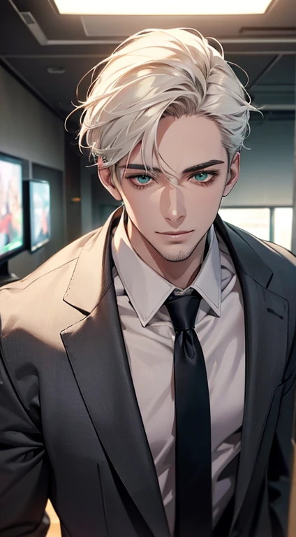 (Highest quality,4K,8K,High resolution,masterpiece:1.2),Super detailed,(Realistic,photoRealistic,photo-Realistic:1.37),1 person,34 years old,Mature Men,Beautiful skin、very handsome,Expressionless smile in love,Short white hair,green eyes,Sharp Eyes,A perfect face without a doubt,Businessman, CEO, Office Background,Cinema Lighting,HDR image,tie、
