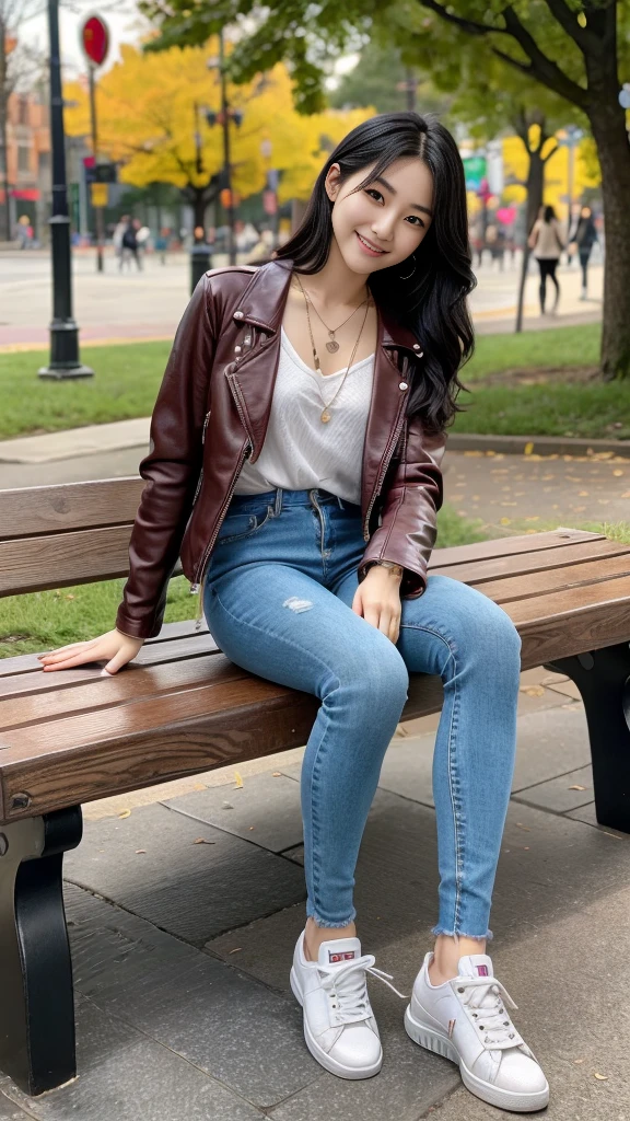 Super Resolution、Beautiful Korean Women、Full body photo、sitting on a park bench、Black Hair、Wavy Hair、Ear piercing、necklace、leather jacket、shirt、Skinny jeans、sneakers、smile、Beautiful teeth alignment
