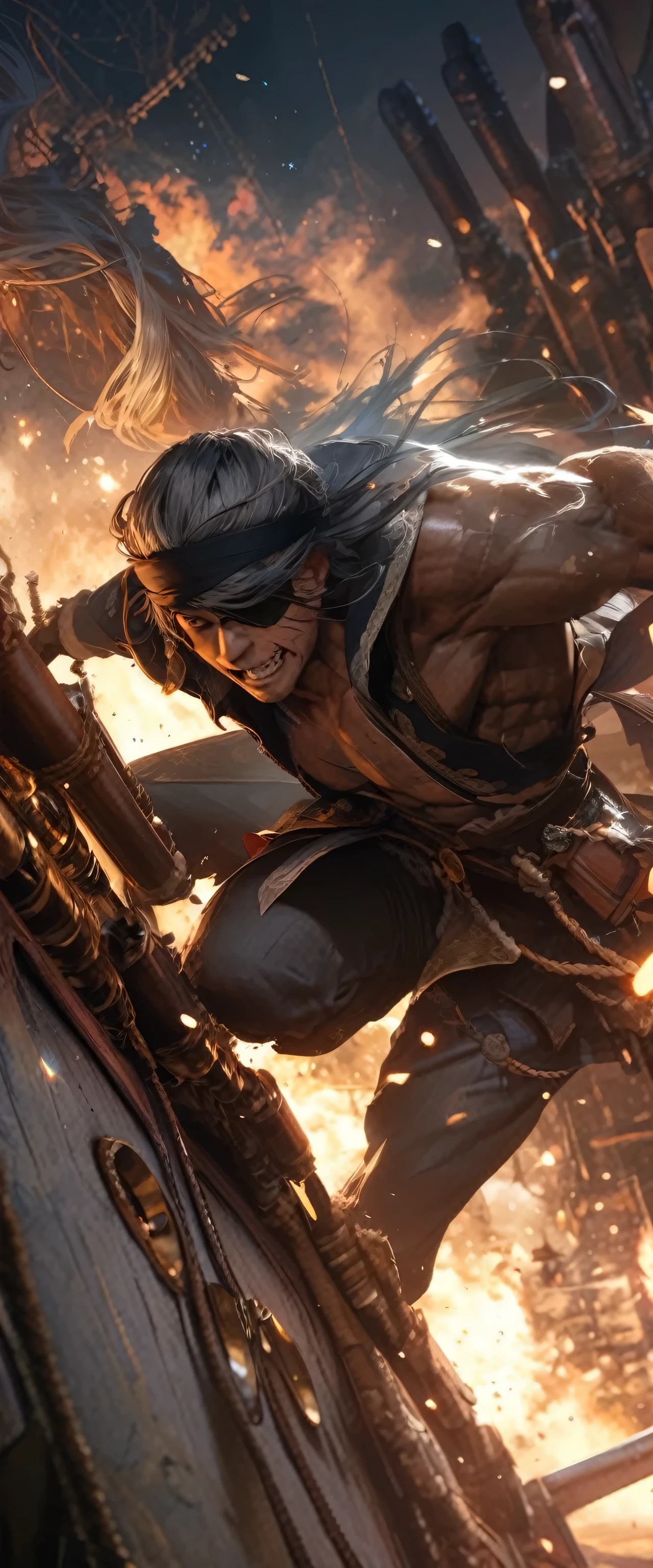quality\(8k,wallpaper of extremely detailed CG unit, masterpiece,hight resolution,top-quality,top-quality real texture skin,hyper realisitic,increase the resolution,RAW photos,best qualtiy,highly detailed,the wallpaper,cinematic lighting,ray trace,golden ratio\), BREAK ,(1couple\(1man and 1girl\((fighting:1.6)\)\) :1.4), 1couple\(1man and 1girl,fighting,pirates, muscular, one with rapier and one shooting gatling gun, evil smile, big smile, open stomach, open cleavage, eye patch, beautiful, dark skin ,shiny skin,scar on face, long hair,(dynamic pose:1.4)), BREAK ,background\(on the ship,many ships\(battle ship,pirates ships\) shooting,cannons, explosions\),(dynamic angle:1.4),