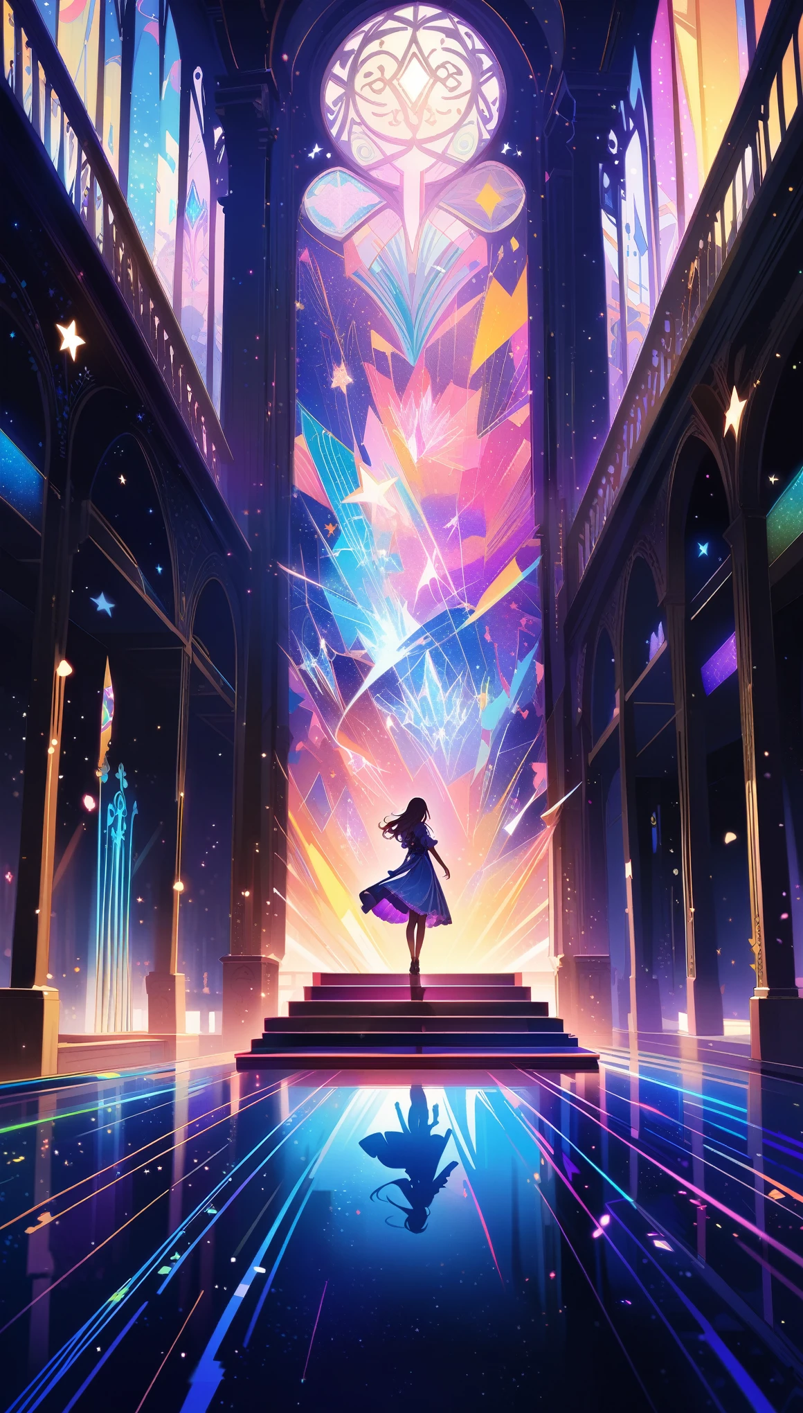 A girl is dancing acrobatically in the starry sky, surrounded by constellations, on black background, white stars and lines forming constellations around her silhouette, light art installation style, high resolution, dreamy effect, fantastic scenery, minimalist design. --ar 3:4 --niji 6, A vibrant, detailed digital painting of an enchanted room filled with magical blue and purple crystal objects, tarot cards, amulets, runes on the walls, shelves, tables, couches, windows, magical artifacts like glowing crystals, ornate wooden furniture. The color scheme is vivid and striking, creating a dreamy atmosphere. colorful illustrations, highly detailed, high resolution, natural lighting, sharp focus, highly detailed illustration, high definition, in the style of octane rendering, hyper realistic. --ar 3:4 --niji 6,