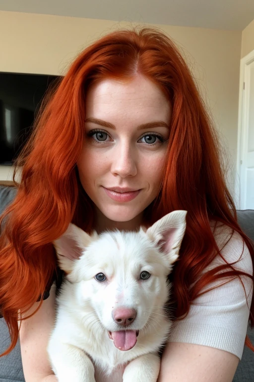 Generate a redheaded woman between 25 and 35 years old, with long red hair, beautifuleyes, Front photo in the living room playing with an albino border collie puppy
