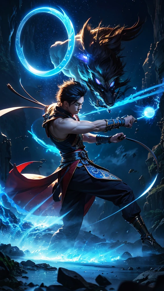 Jinmori, the god of powerful kicks Cool and elegant Striking and powerful with realistic hemispherical blue light. fantasy digital art