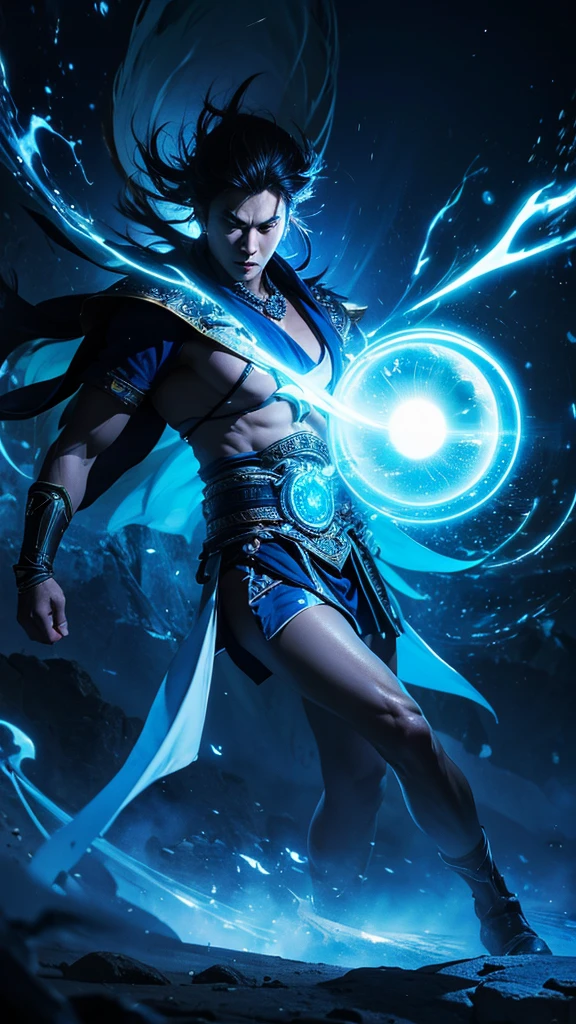 Jinmori, the god of powerful kicks Cool and elegant Striking and powerful with realistic hemispherical blue light. fantasy digital art
