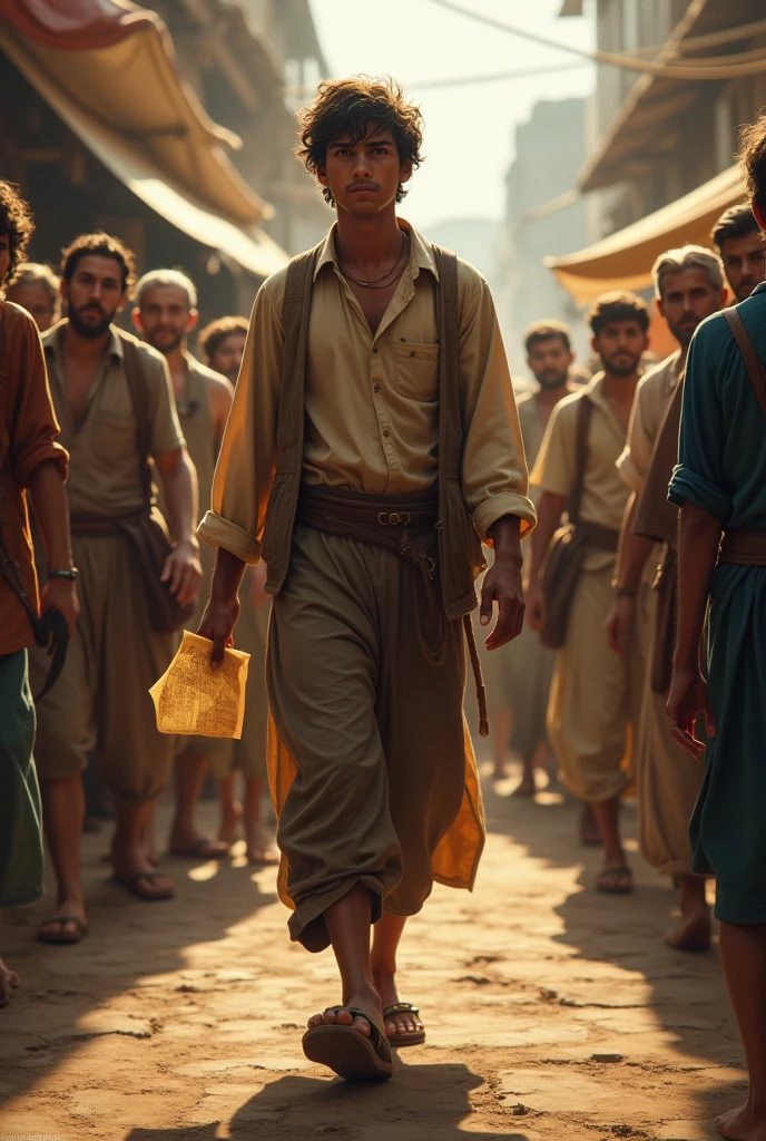 Aryan Walking Through the VillagePrompt: "Aryan walks through the village holding the paper tightly in his hand. He passes by villagers who mock him or ignore him, laughing and pointing. Aryan’s expression shows a mix of sadness and determination as he continues to walk, following the wise man’s instructions."