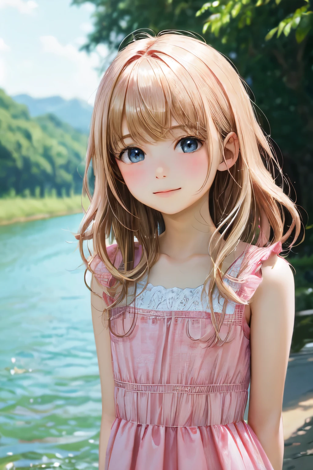 ((best qualityer)), ((work of art)), (detailded), child 6 years, pink dress,
hair blonde, passing by the river, com pedras, at the forest