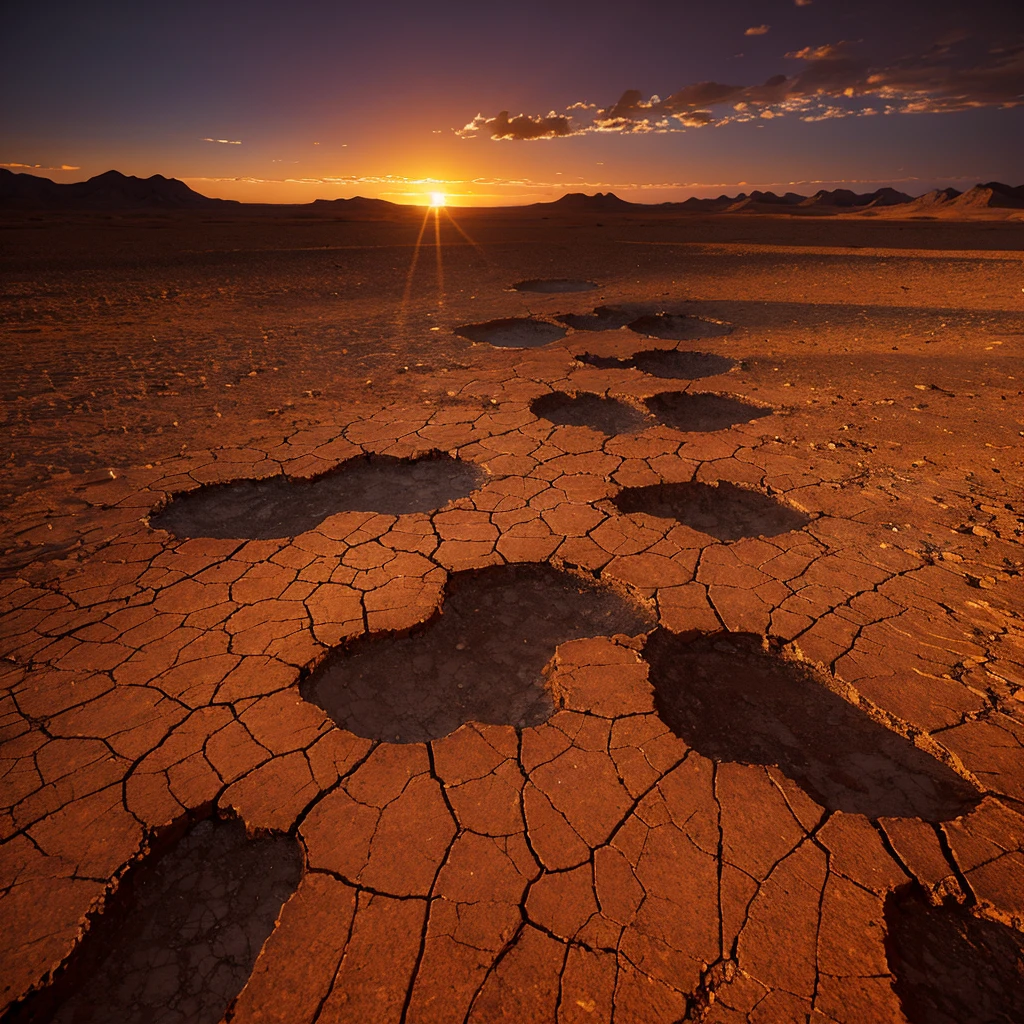 Dramatic sunset over cracked earth. Desert landscape background.