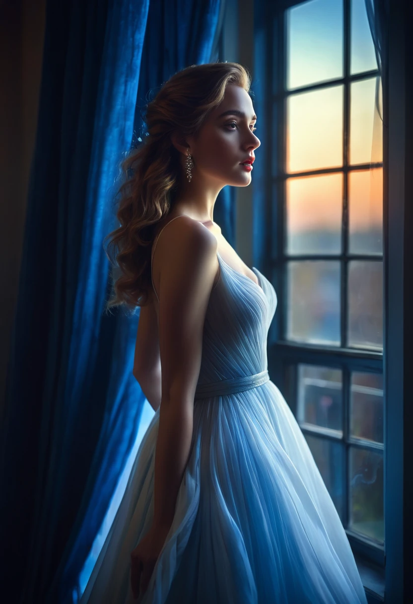 arafed woman in a dress standing in front of a window, a picture by Marie Bashkirtseff, shutterstock, romanticism, half-turned lady in evening gown, flowing gown, wearing a flowing dress, mysterious woman, haunting beautiful young woman, wearing a white flowing dress, flowing dress, woman in dress, extremely moody blue lighting, miss aniela