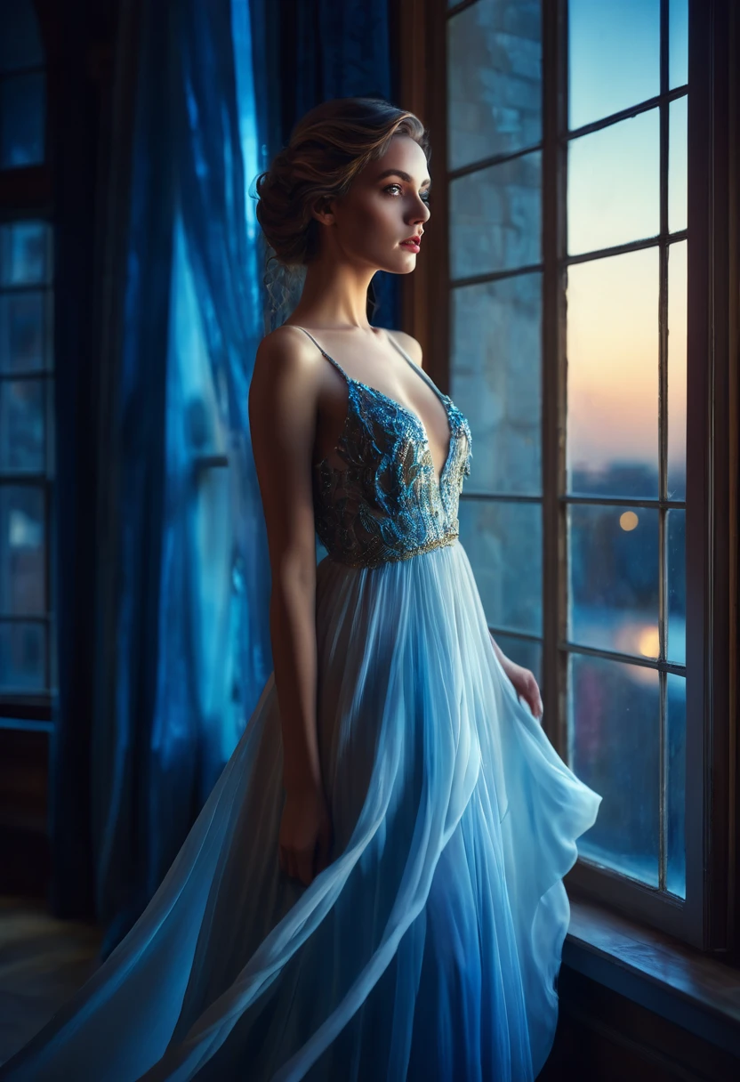 arafed woman in a dress standing in front of a window, a picture by Marie Bashkirtseff, shutterstock, romanticism, half-turned lady in evening gown, flowing gown, wearing a flowing dress, mysterious woman, haunting beautiful young woman, wearing a white flowing dress, flowing dress, woman in dress, extremely moody blue lighting, miss aniela