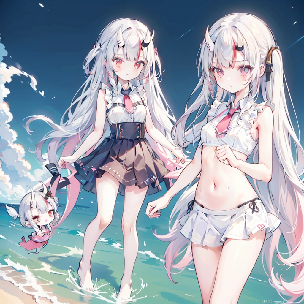 Practical, Two girls looking at each other, Long Shot, 1 Petite women (permanent) Wearing a bikini, Long hair, barefoot, 1 mini giantess minigts woman (Feminization, Thin body, Sexy, The clothes are torn, Sweat), (Medium breasts: 1.5) look down, Dynamic poses, Wearing a vest, Scenes involving two women, Pay attention to height differences, couple, skirt, Anxious expression (Highly refined skin), Delicate face, 8K Ultra HD, Soft lighting, high quality, Full body portrait.