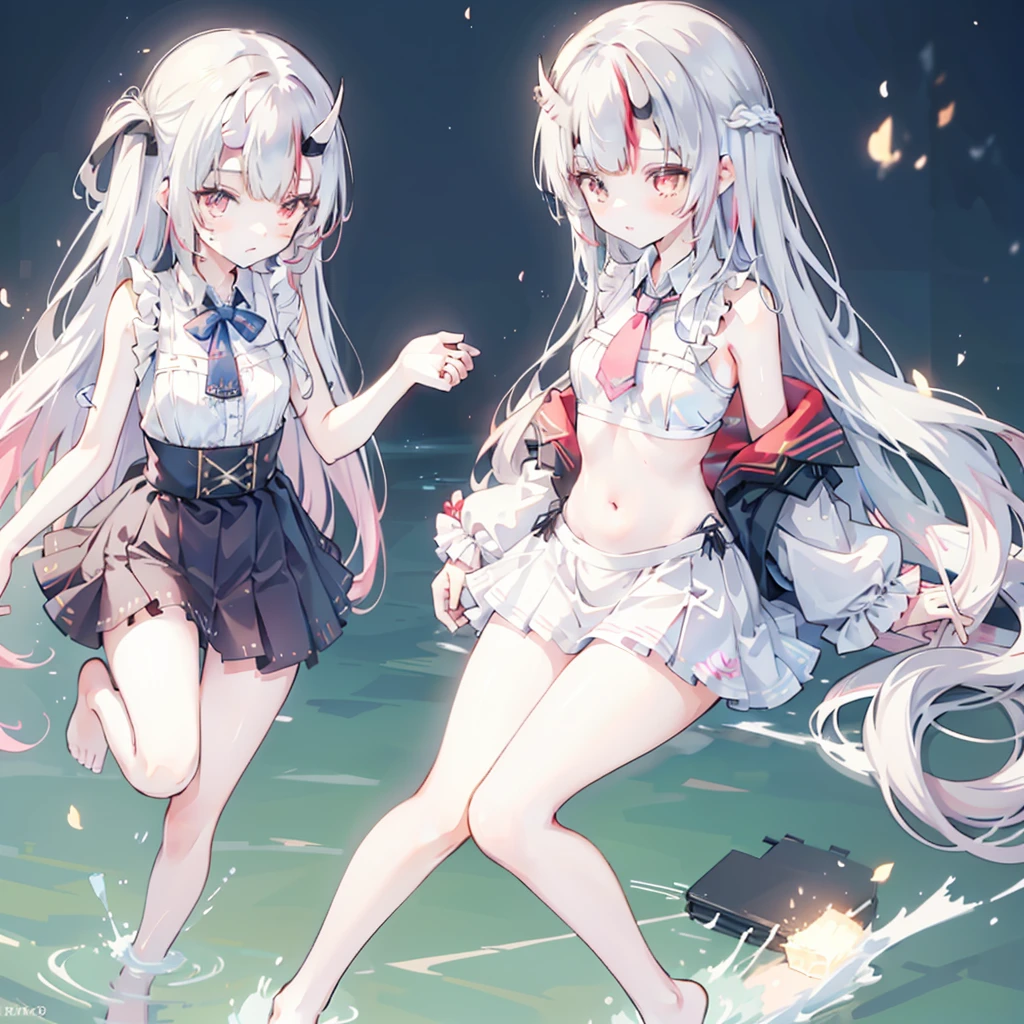 Practical, Two girls looking at each other, Long Shot, 1 Petite women (permanent) Wearing a bikini, Long hair, barefoot, 1 mini giantess minigts woman (Feminization, Thin body, Sexy, The clothes are torn, Sweat), (Medium breasts: 1.5) look down, Dynamic poses, Wearing a vest, Scenes involving two women, Pay attention to height differences, couple, skirt, Anxious expression (Highly refined skin),  Delicate face, 8K Ultra HD, Soft lighting, high quality, Full body portrait.