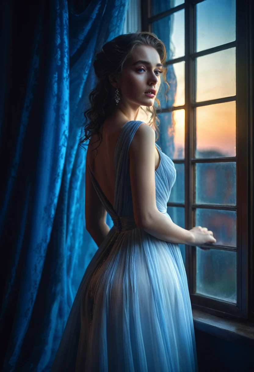 arafed woman in a dress standing in front of a window, a picture by Marie Bashkirtseff, shutterstock, romanticism, half-turned lady in evening gown, flowing gown, wearing a flowing dress, mysterious woman, haunting beautiful young woman, wearing a white flowing dress, flowing dress, woman in dress, extremely moody blue lighting, miss aniela
