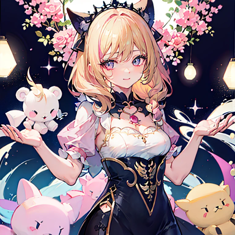 ((highest quality)),(超A high resolution),(Very detailed),(Detailed Description),((The best CG)),(masterpiece),Very detailedなアート、Whitening 1.5、(((Whitening 1.5)))、(((Small breasts 1.2)))、(((Pink and black lace dress 1.5)))、hair ornaments、Twin-tailed hairstyle 1.0、Glitter Necklace、Ultimate Beauty 1.5、(((Blonde 1.5)))、Gentle smile 1.2、(((Surrounded by countless stuffed animals 1.5)))