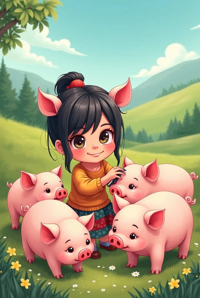 girl combing pigs hair illustration
in doodle art